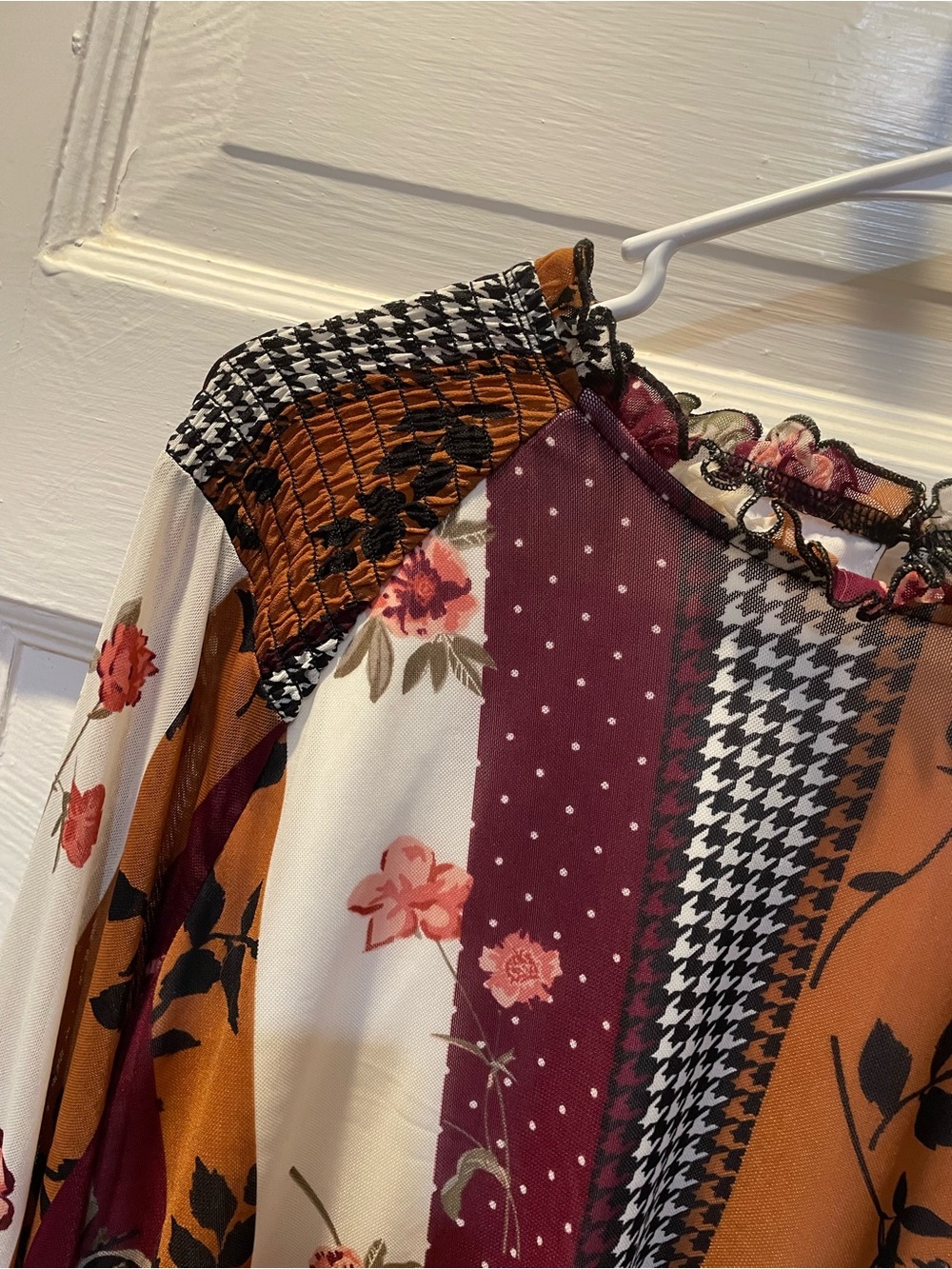Patchwork Floral Long Sleeve Top in Burgundy & Rust, Size XL - Picture 4 of 4